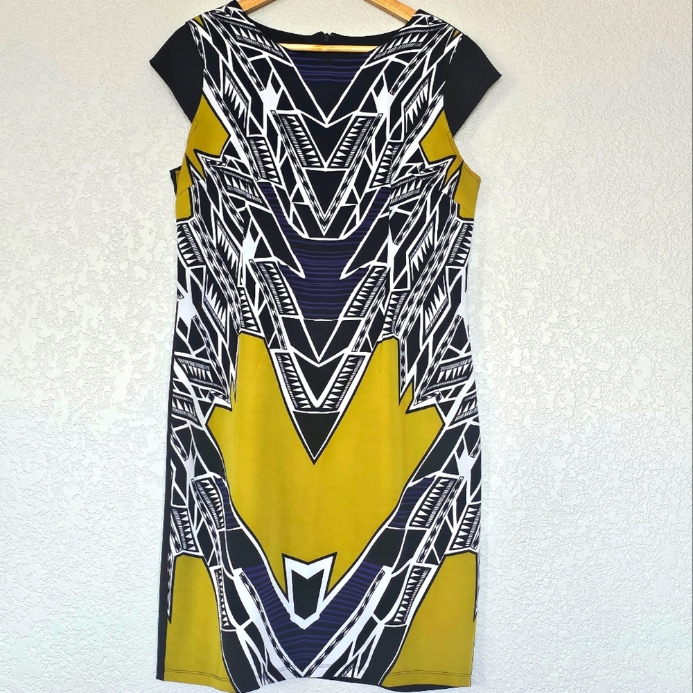 I Le New York Sheath Dress Cap Sleeveless Black Geometric Back Zip Stretch Sz 10